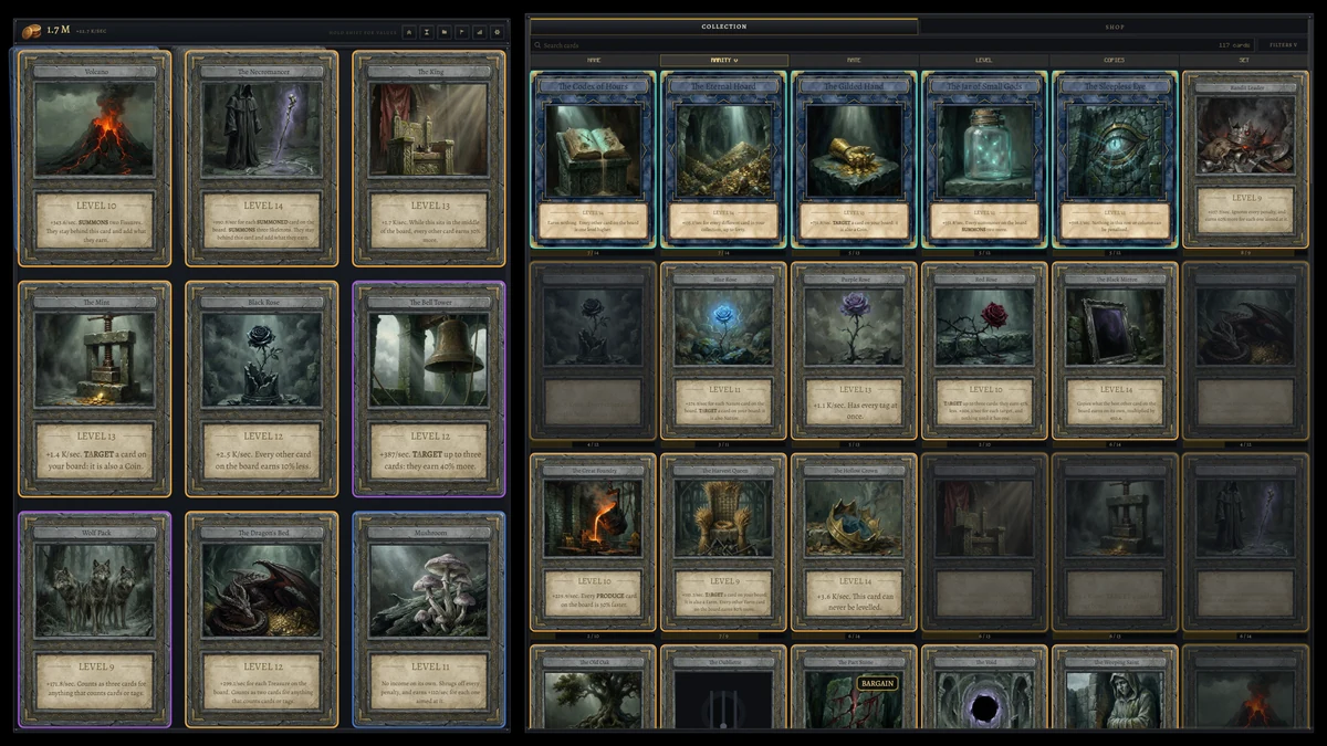 A full Card Idle board of nine painted cards beside the collection.