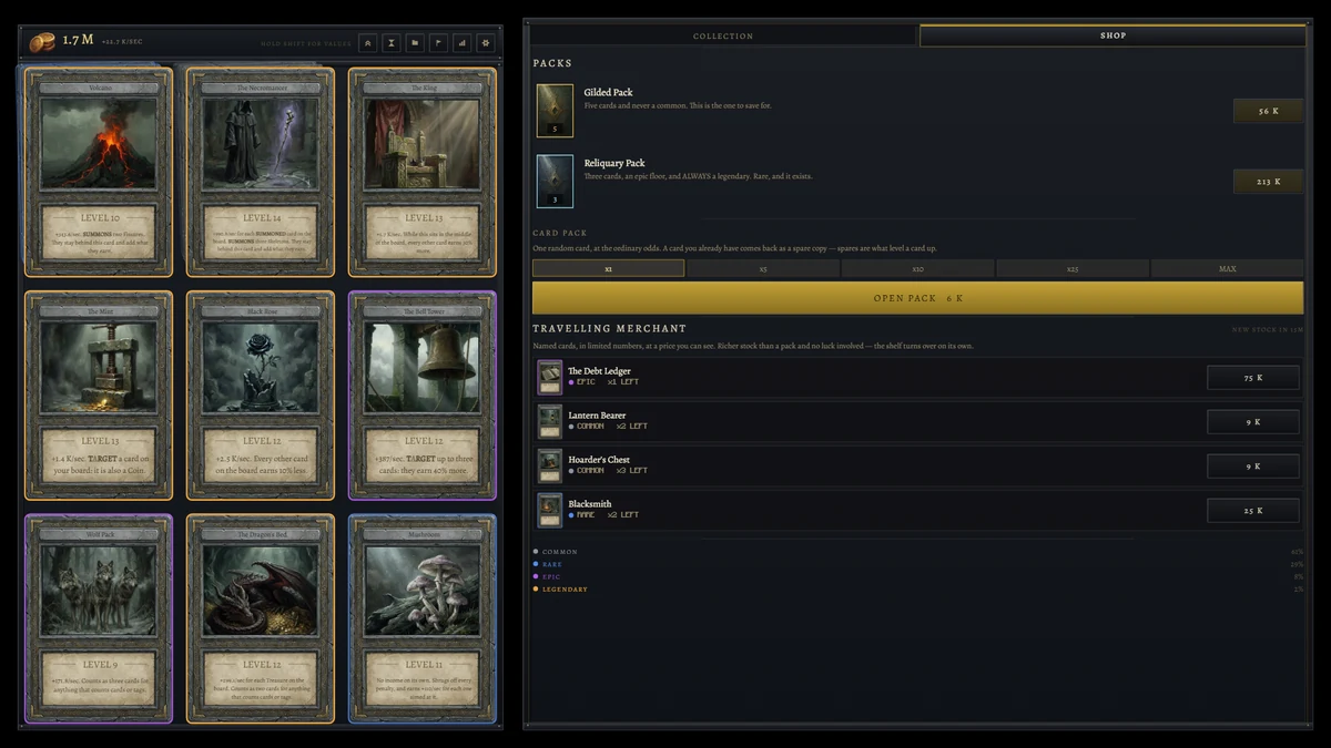 The Card Idle shop, showing the pack price and the drop rate for each rarity.