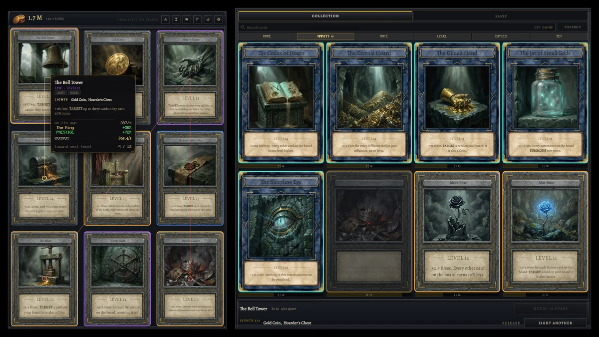A tooltip over The Bell Tower breaking its output down line by line — base rate, prestige bonus, and the cards lighting it.