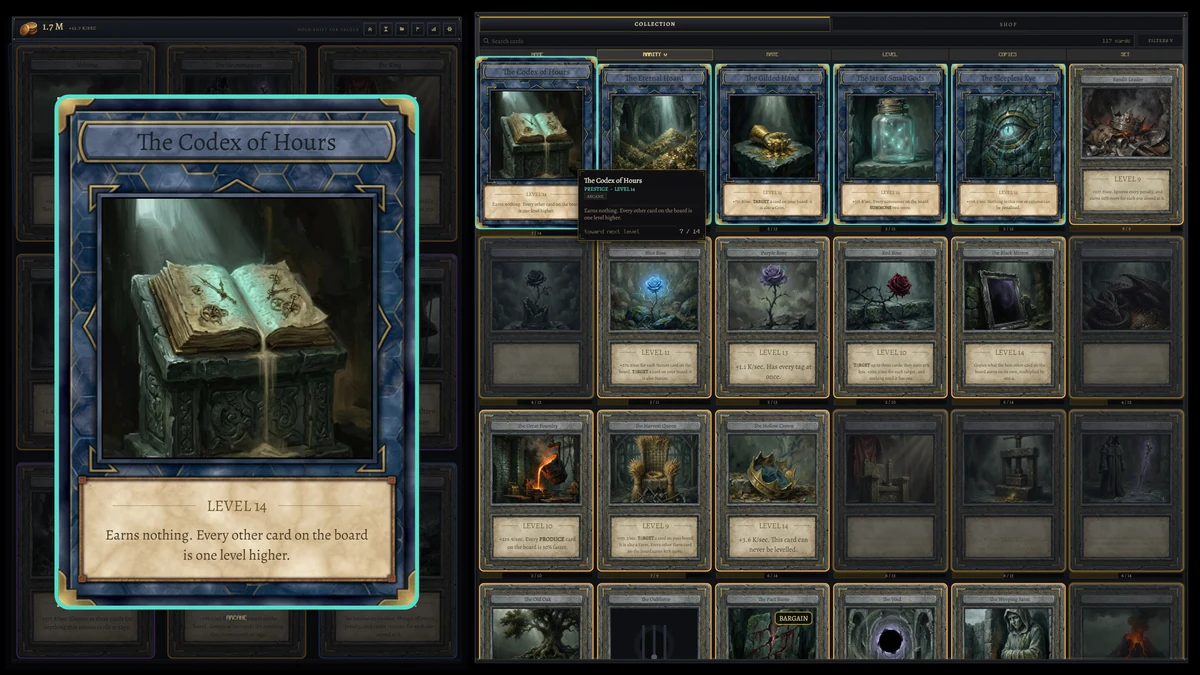 The Card Idle collection: rows of hand-assembled card art, with the ones not yet owned shown as empty frames.