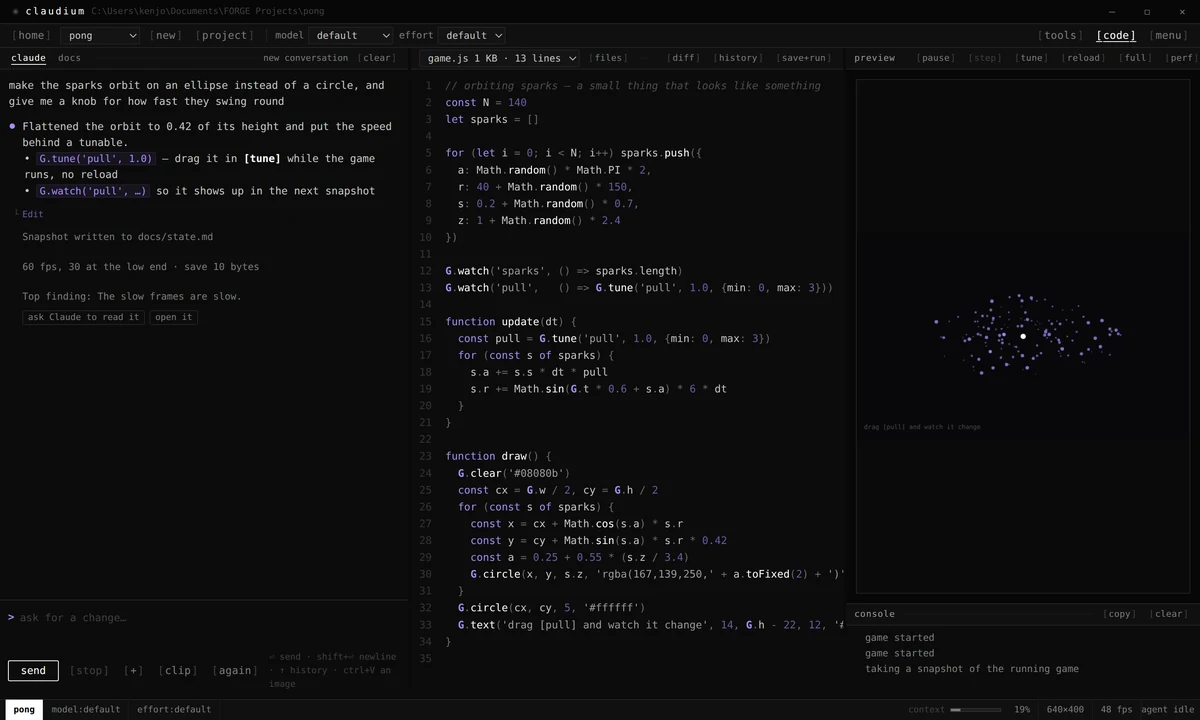 All three panes open: the conversation, the game's source with the engine calls highlighted, and the running game.
