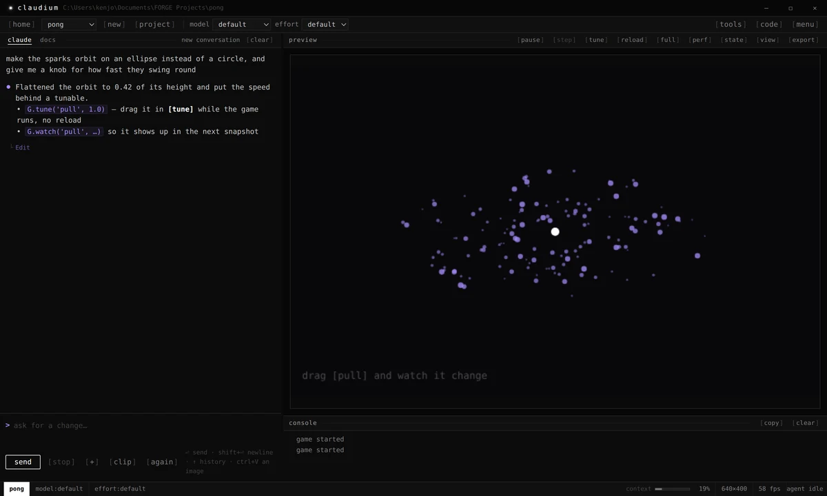 The Claudium Engine window: a conversation on the left, the game running on the right.